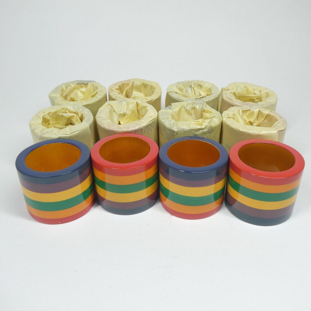 12 Rainbow Striped Wooden Napkin Rings Vintage India Vibrant Colorful Decor